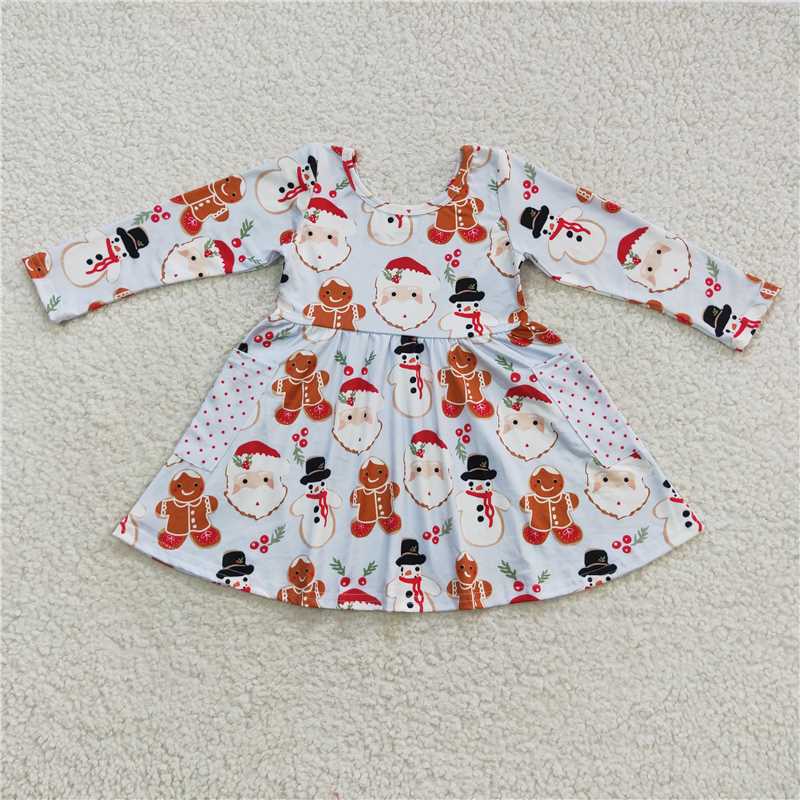 11.24 RTS NO MOQ （In stock）GLD0367 Baby Girls Blue Christmas Snowman Gingerbread Long Sleeve Dresses