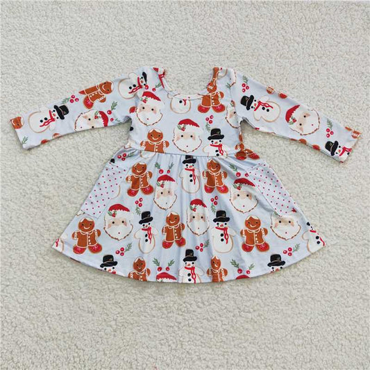 11.24 RTS NO MOQ （In stock）GLD0367 Baby Girls Blue Christmas Snowman Gingerbread Long Sleeve Dresses