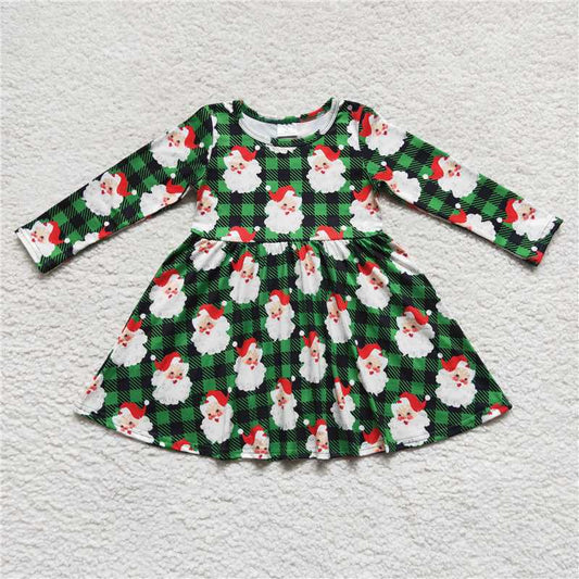 11.24 RTS NO MOQ （In stock）GLD0262 Baby Girls Christmas Green Plaid Santa Knee Length Dresses