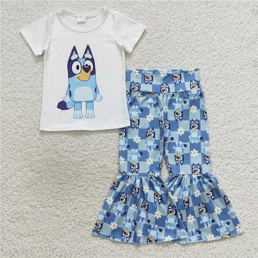 GSPO0861 Cartoon bluey bluey white short-sleeved flower blue plaid trousers suit