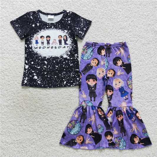 GSPO0688 Wednesday black short-sleeved top and blue-purple trousers set