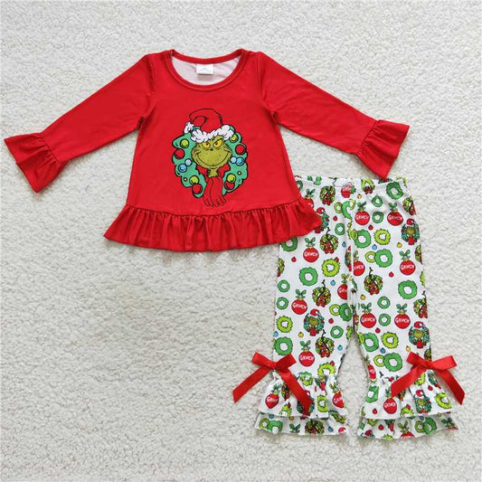 GLP0690 RTS NO MOQ Baby Girls Winter Outfits Grinch wreath red bow lace long sleeve trousers suit