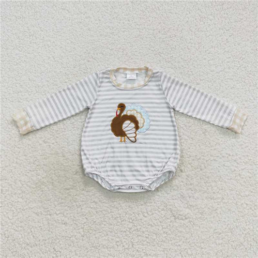 RTS LR0427 Embroidered turkey light green stripes yellow plaid long sleeve jumpsuit