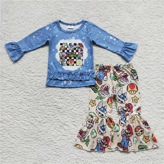 GLP0584Blue bleached shirt bell bottom pants game girls clothes