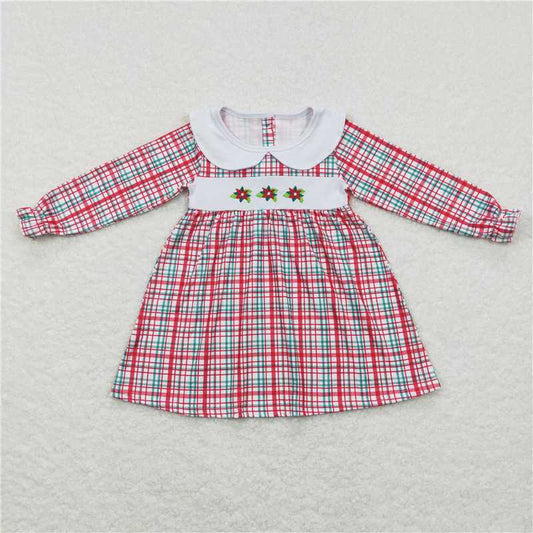 11.24 RTS NO MOQ （In stock）GLD0470 Baby Girls Christmas Flowers Green Red Plaid Knee Length Dresses
