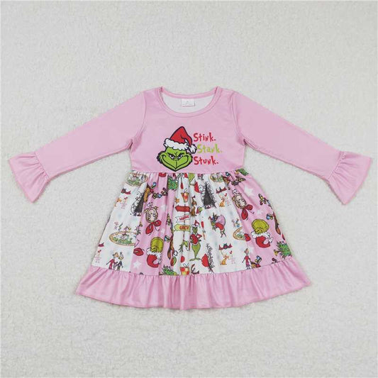 GLD0457  Baby Girls Pink Christmas Frog Ruffle Knee Length Dresses