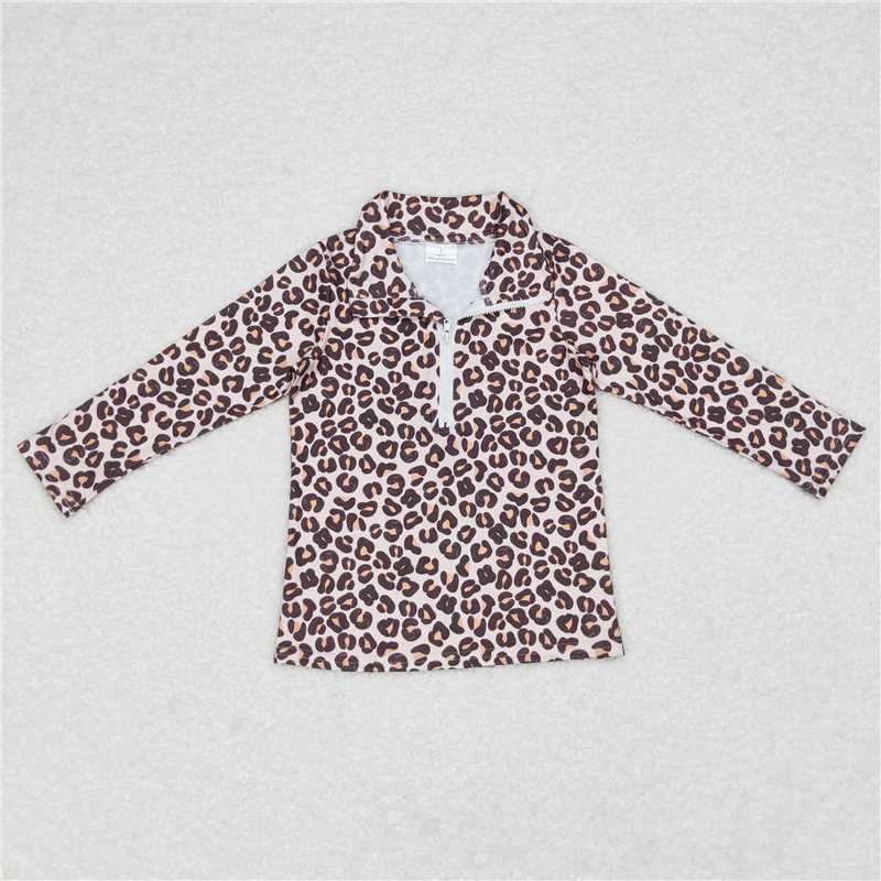 GT0361  Baby Girls Leopard Long Sleeve Zip Pullovers Tops