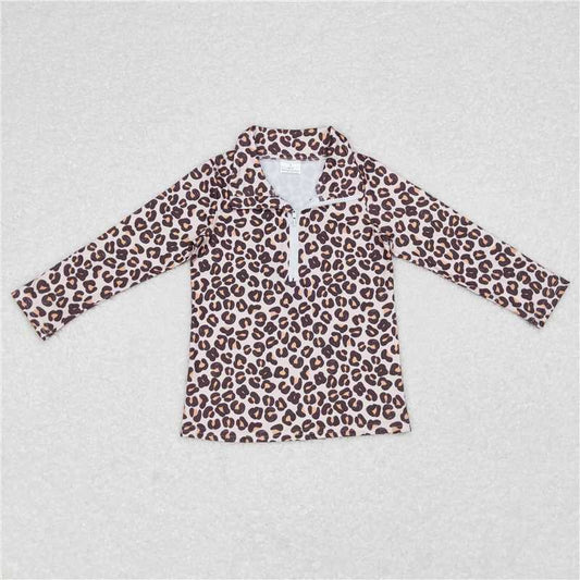 GT0361  Baby Girls Leopard Long Sleeve Zip Pullovers Tops
