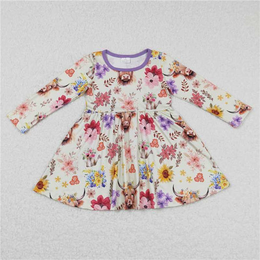 GLD0399  Baby Girls Long Sleeve Highland Cow Purple Flowers Western Knee Length Dresses