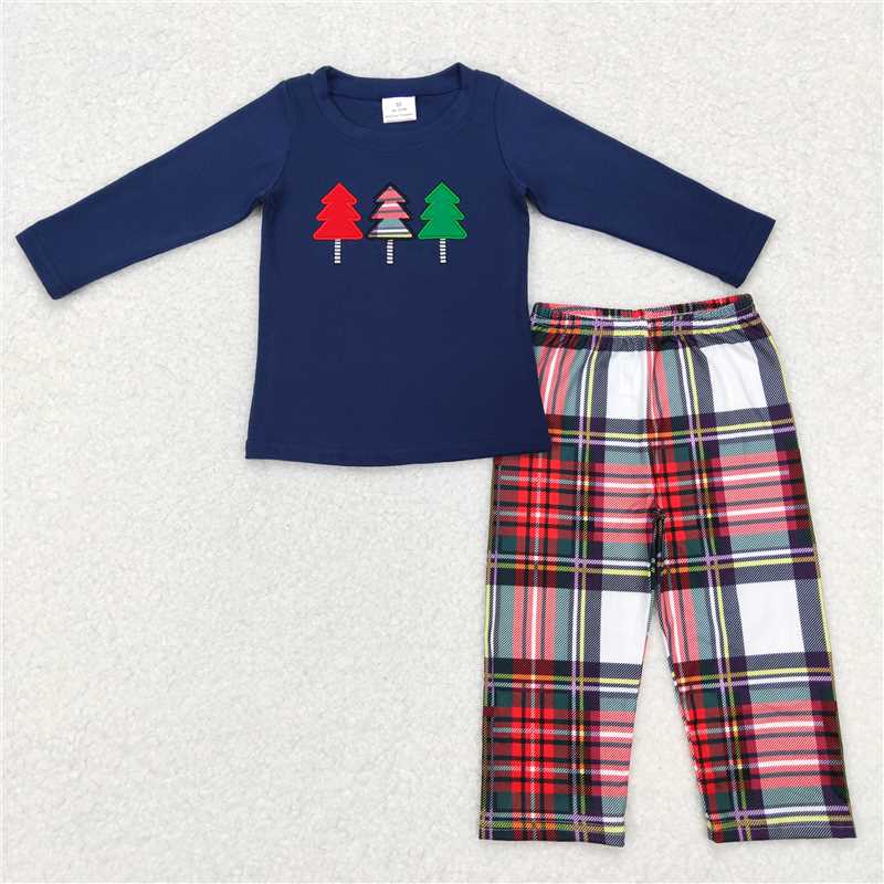 BLP0352Navy Christmas tree top plaid pants boy clothing set