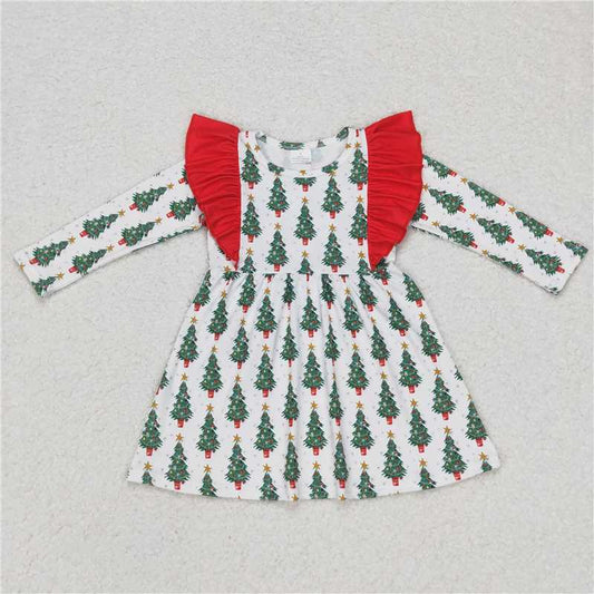 GLD0377RTS NO MOQ Baby Girls Winter Dress  Baby Girls Christmas Tree Ruffle Long SleeveKnee Length Dresses