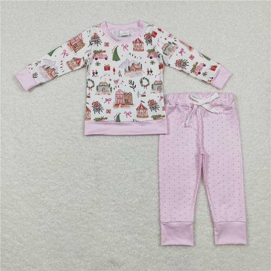 GLP0914 Christmas tree house wreath pink and white long sleeve trousers set