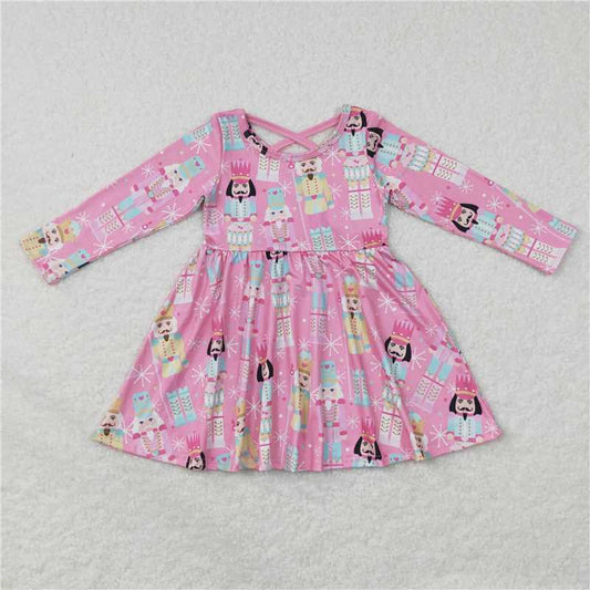 GLD0384 Baby Girls Christmas Pink Soldier Back Cross Long Sleeve Dresses
