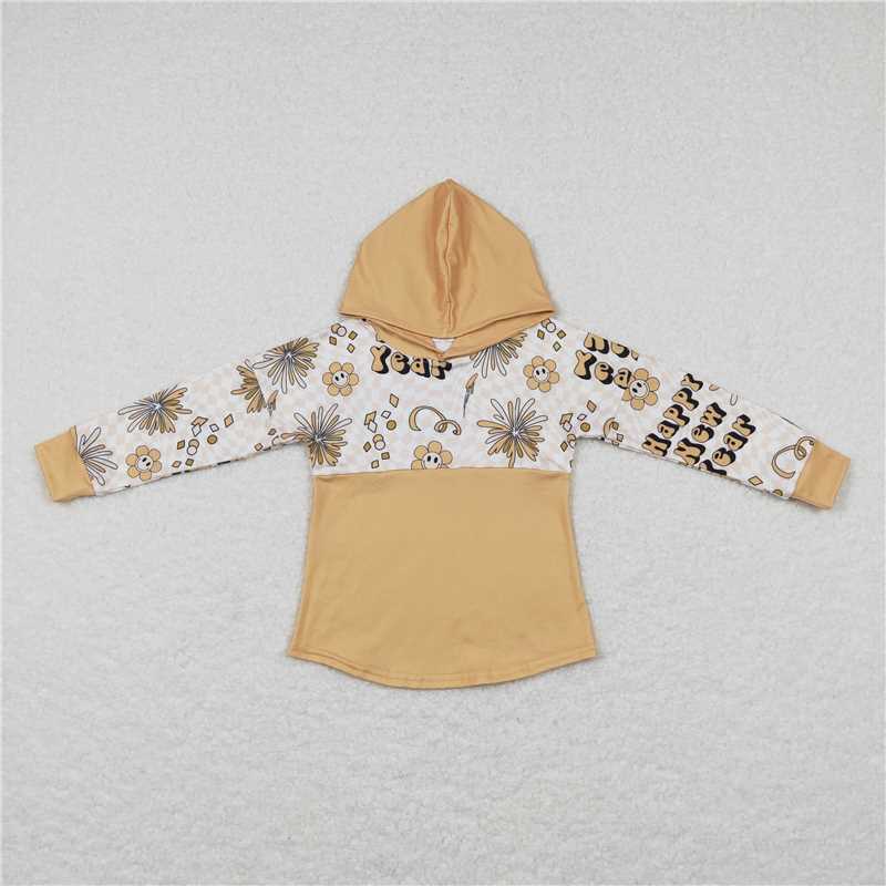 BT0420 Happy New Year smiley face plaid yellow hooded long-sleeved top