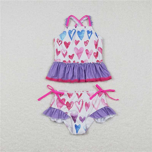 S0163  Baby Girls 2pcs Colorful Heart Top Ruffle Bottom Swimsuits