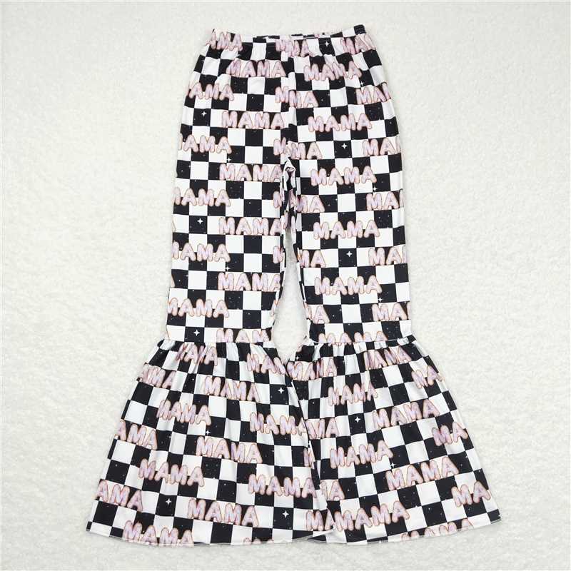 P0346  Adult Women Black Checkered Mama Bell Flare Bottom Pants
