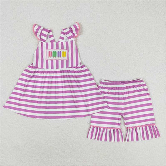 GSSO0734 Embroidered colorful ice cream purple and white striped flying sleeve shorts set
