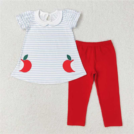 GSPO1446 RTS NO MOQ Baby Girls Spring Outfits Apple striped doll collar short-sleeved red trousers suit