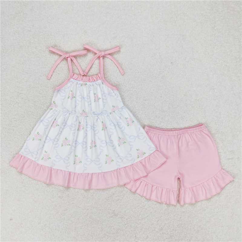 GSSO0725 White sleeveless pink shorts set with flower and bow pattern