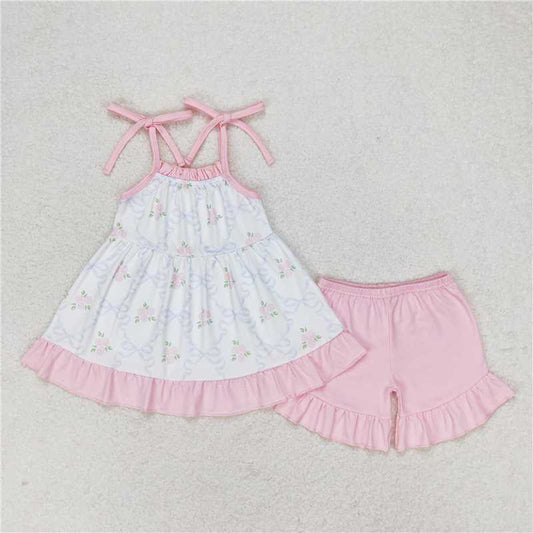 GSSO0725 White sleeveless pink shorts set with flower and bow pattern