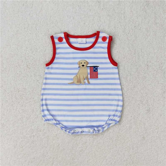 SR1080 RTS NO MOQ Baby Boys Summer Rompers Embroidery Baby Infant Boys Blue Stripes Dog Flag Sleeveless Summer Rompers