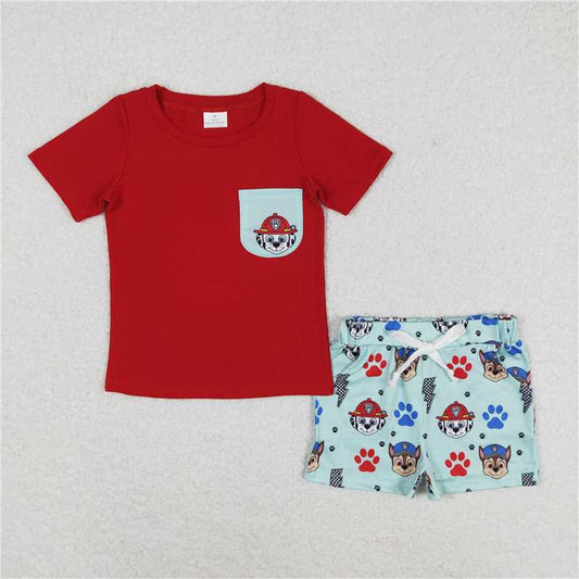 BSSO0794 RTS NO MOQ Baby Boys Summer Boys Outfits Baby Boys Dog Red Pocket Shirt Top Shorts Clothes Sets