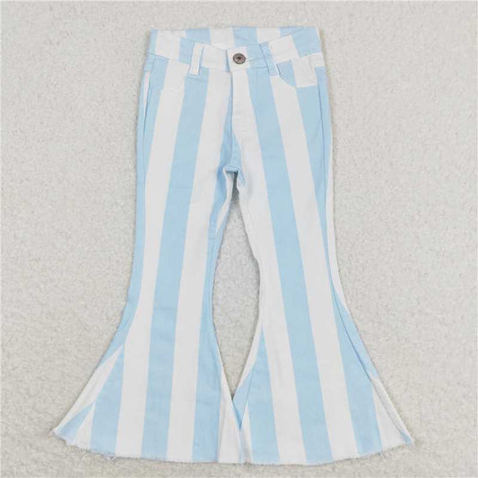 P0469Light blue stripe flare jeans girls denim pants