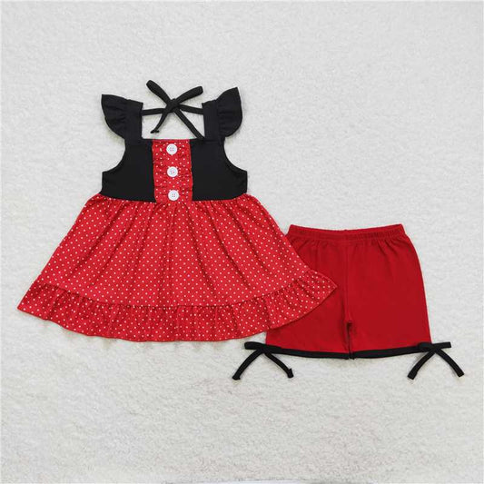 GSSO0969 Red lace polka dot black flying sleeve shorts set