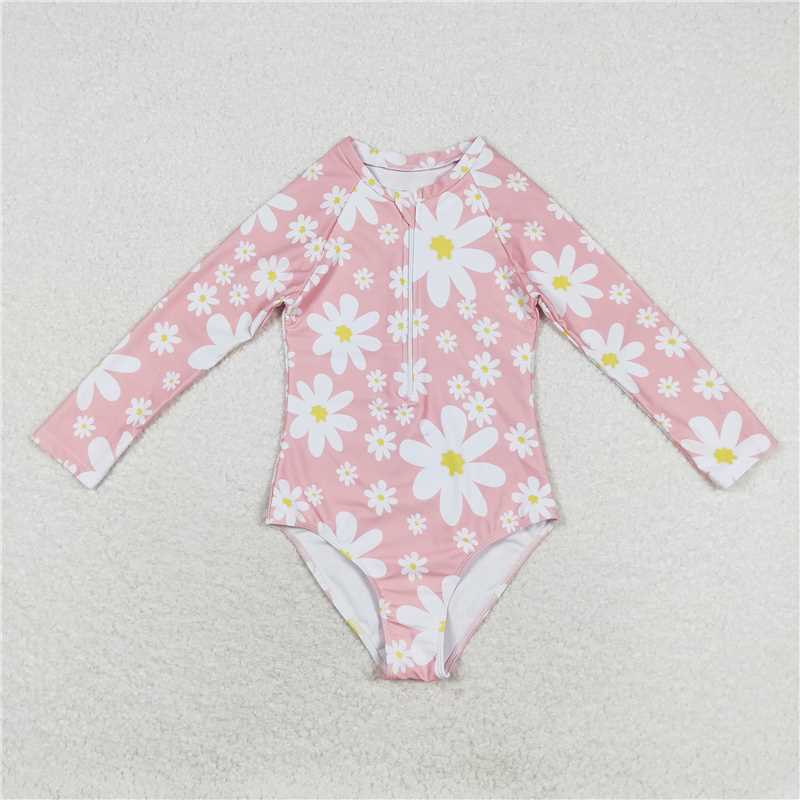 S0244  Baby Girls Daisy Long Sleeve Pink Swimsuits