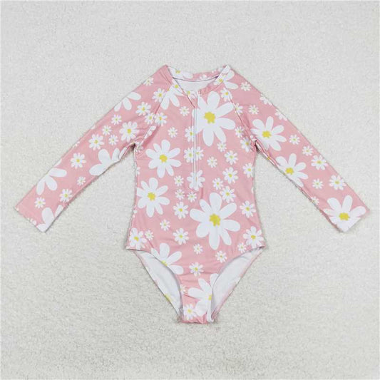 S0244  Baby Girls Daisy Long Sleeve Pink Swimsuits
