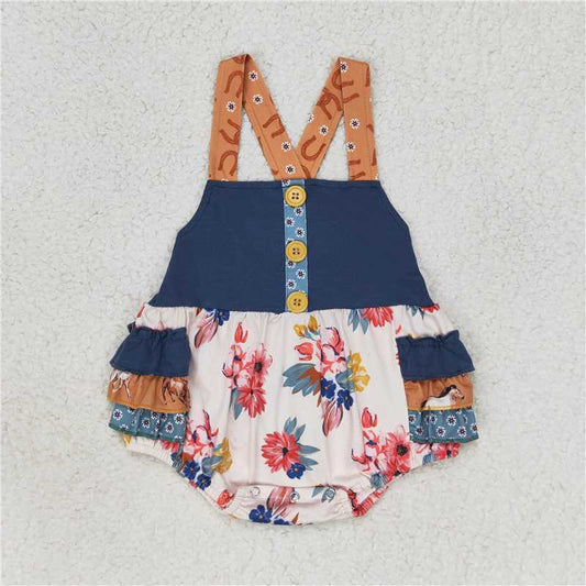 SR1394  Baby Girls Western Horse Flowers Sibling Sister Rompers Dresses