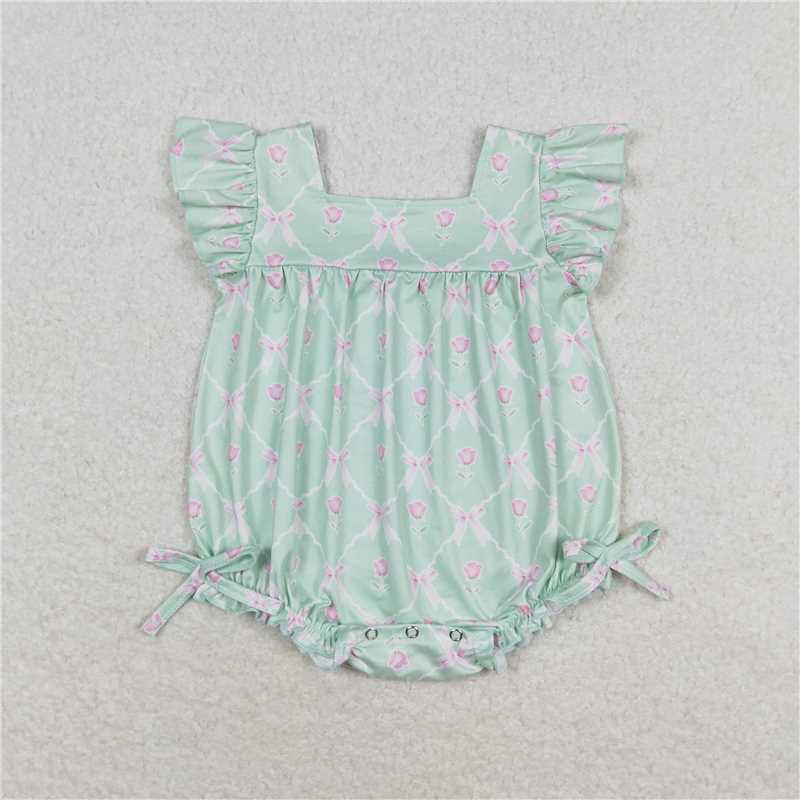 SR1503  Baby Girls Green Bows Flutter Sleeve Summer Rompers