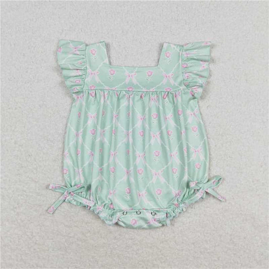 SR1503  Baby Girls Green Bows Flutter Sleeve Summer Rompers