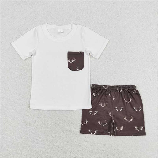 BSSO0896  Baby Boys Pocket Short Sleeve Tee Shirts Tops Deer Shorts Clothes Sets
