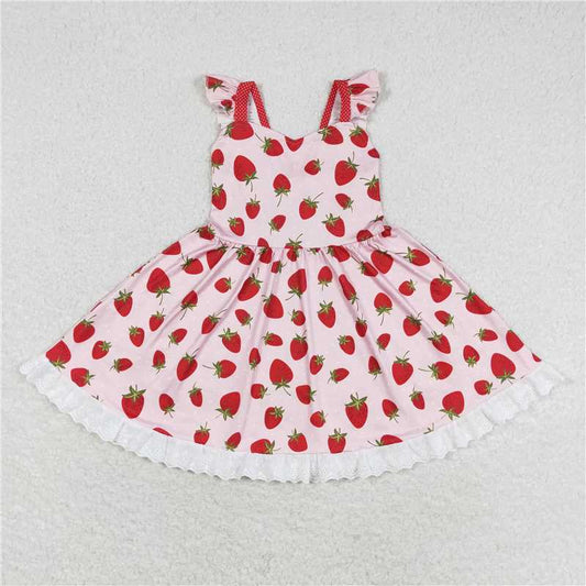GSD1273 RTS NO MOQ Baby Girls Summer Dress  Baby Girls Strawberry Flutter Sleeve Knee Length Dresses