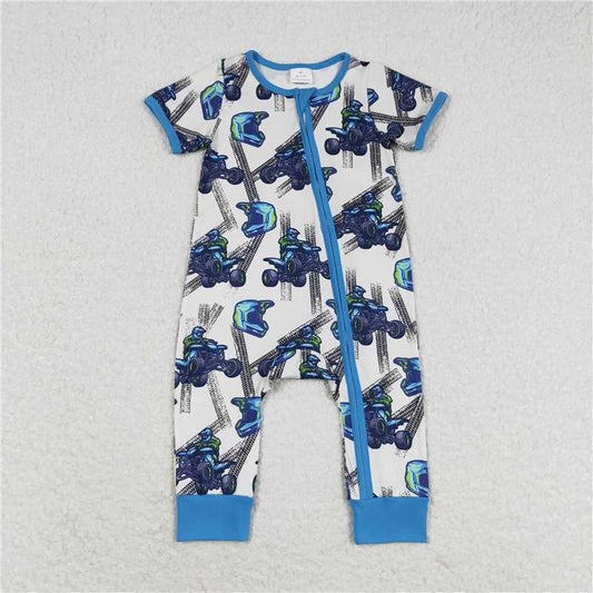 SR1379 Baby Boys Blue Motobike Sibling Rompers Pajamas Clothes Sets