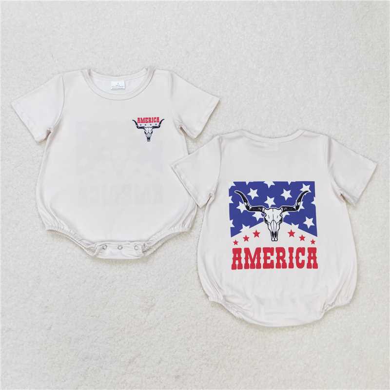 SR0962 Baby Boys Cow 4th Of July Short Sleeve Sibling Brother Rompers Tee Tops