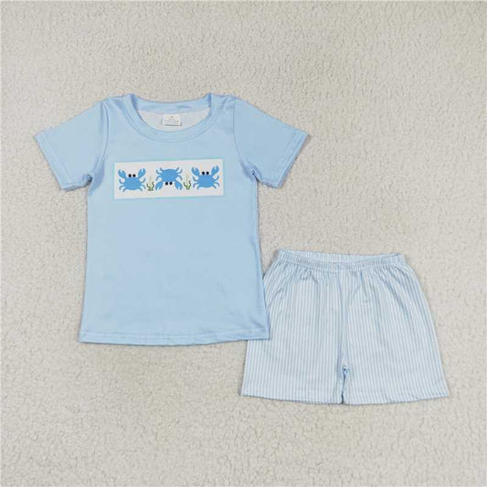 BSSO0765  Baby Boys Crab Short Sleeve Shirt Top Stripes Shorts Clothes Sets