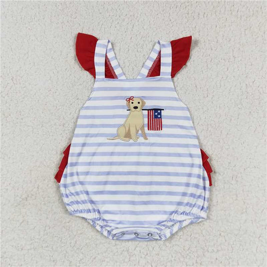 SR1081 Embroidery  Baby Girls 4th Of July Dog Flag Sibling Rompers Clothing Sets