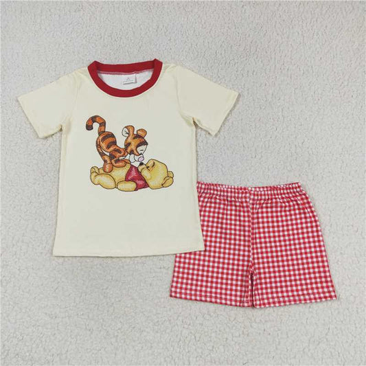BSSO0939 Baby Boys Bear Tiger Short Red Checkered Shorts Clothes Sets