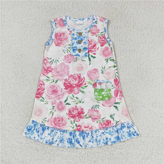 GSD1154  Baby Girls Pink Flowers Sleeveless Knee Length Dresses