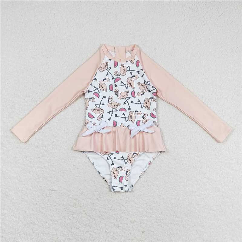 S0245  Baby Girls Flamingo Long Sleeve Pink Swimsuits