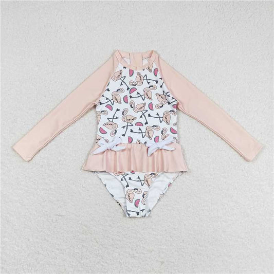 S0245  Baby Girls Flamingo Long Sleeve Pink Swimsuits