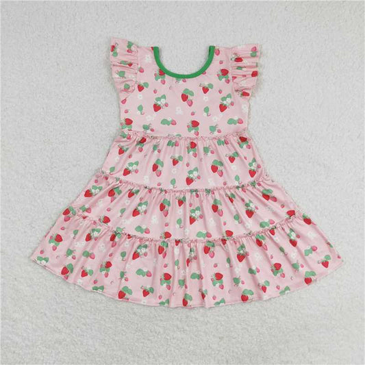 GSD1087  Baby Girls Strawberry Flutter Sleeve Knee Length Dresses