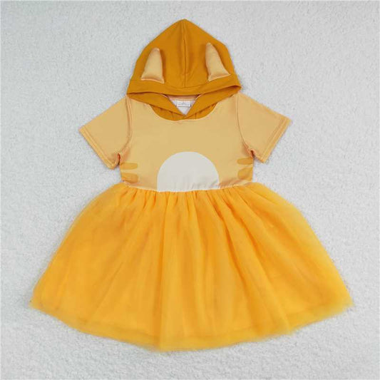 GSD0998 Short sleeves yellow dog tulle girls hooded dress