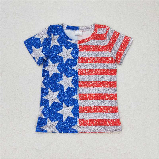 GT0584 Baby Girls July 4th Star Red Striped Short Sleeve T-shirt