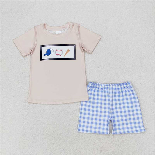 BSSO0919 Baby Boys Baseball Tee Shirts Tops Blue Checkered Shorts Clothes Sets