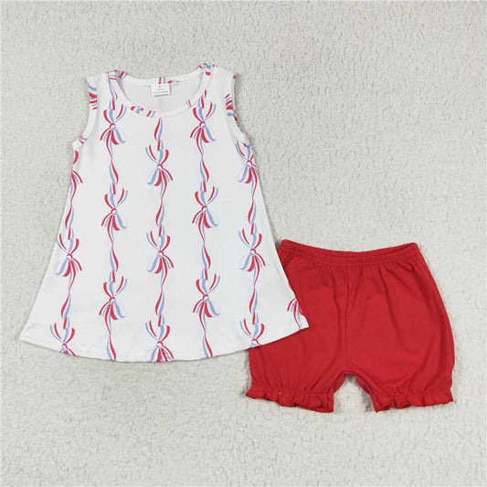 GSSO1199 4th of July Girl Bow Pattern White Sleeveless Red Shorts Set