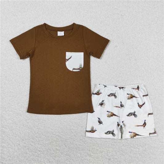 BSSO0925 Baby Boys Brown Pocket Short Sleeve Tee Shirt Top Wild Chicken Shorts Clothes Sets