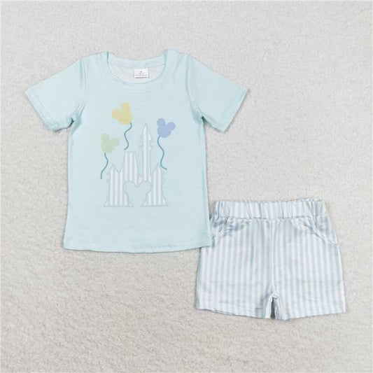 BSSO0777 Baby Boys Blue Castle Shirt Top Shorts Summer Clothes Sets